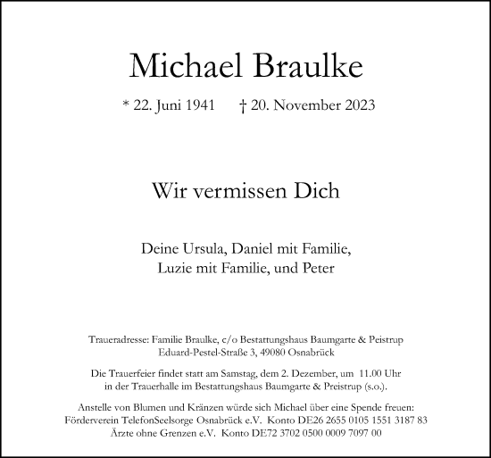 Traueranzeige von Michael Braulke von Neue Osnabrücker Zeitung GmbH & Co. KG