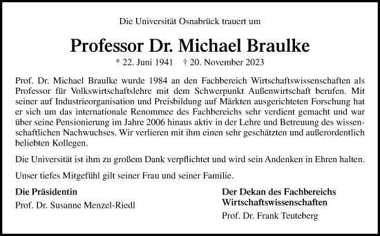 Traueranzeige von Michael Braulke von Neue Osnabrücker Zeitung GmbH & Co. KG