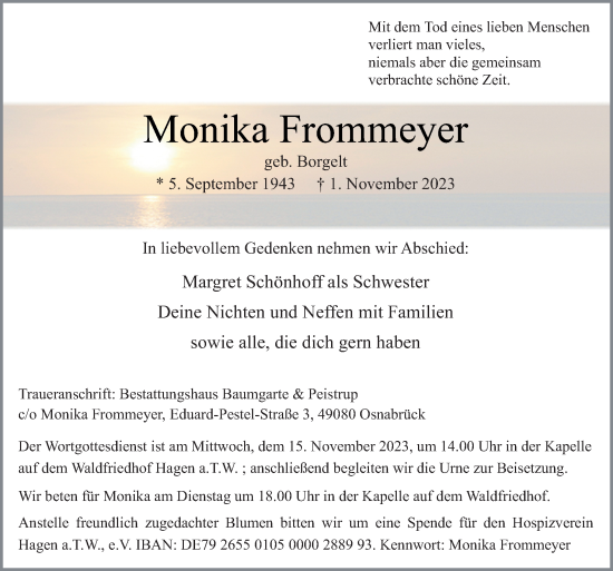 Traueranzeige von Monika Frommeyer von Neue Osnabrücker Zeitung GmbH & Co. KG