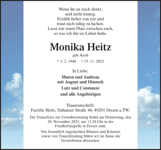 Traueranzeige von Monika Heitz von Neue Osnabrücker Zeitung GmbH & Co. KG