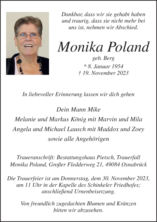 Traueranzeige von Monika Poland von Neue Osnabrücker Zeitung GmbH & Co. KG