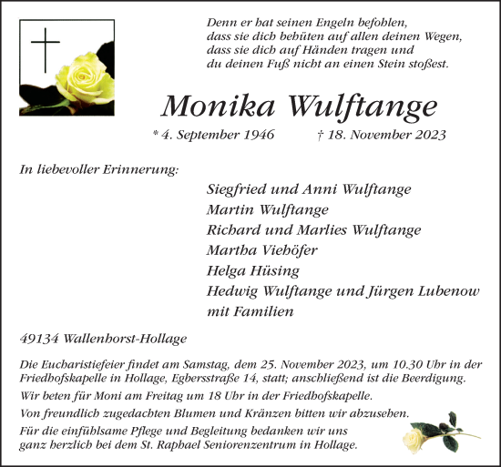 Traueranzeige von Monika Wulftange von Neue Osnabrücker Zeitung GmbH & Co. KG