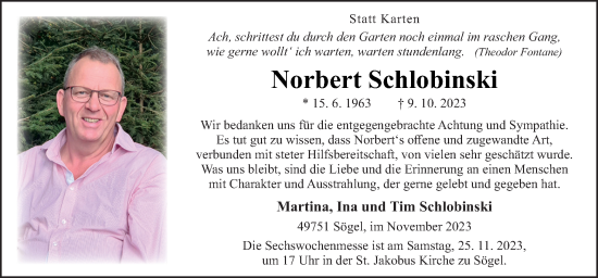 Traueranzeige von Norbert Schlobinski von Neue Osnabrücker Zeitung GmbH & Co. KG