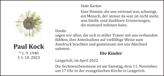 Traueranzeige von Paul Kock von Neue Osnabrücker Zeitung GmbH & Co. KG