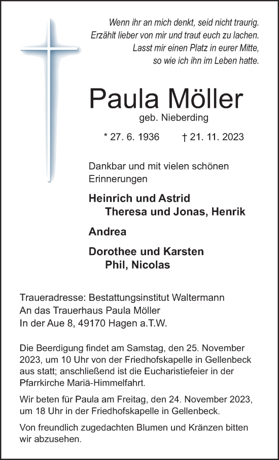 Traueranzeige von Paula Möller von Neue Osnabrücker Zeitung GmbH & Co. KG