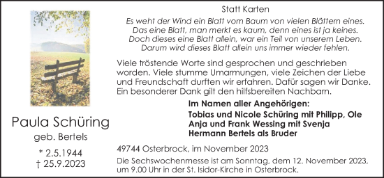 Traueranzeige von Paula Schüring von Neue Osnabrücker Zeitung GmbH & Co. KG