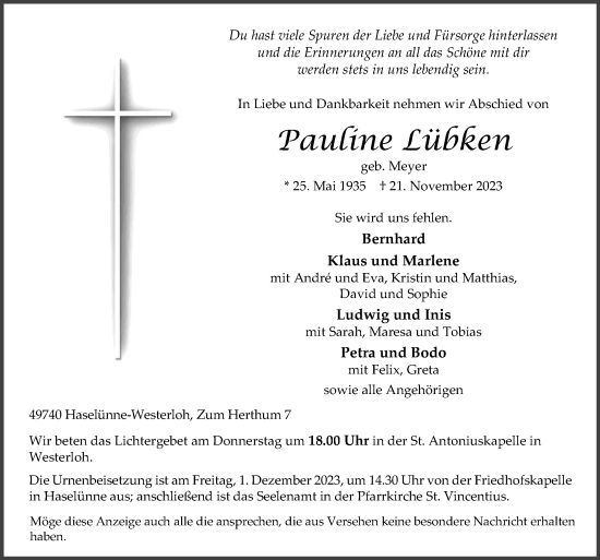 Traueranzeige von Pauline Lübken von Neue Osnabrücker Zeitung GmbH & Co. KG