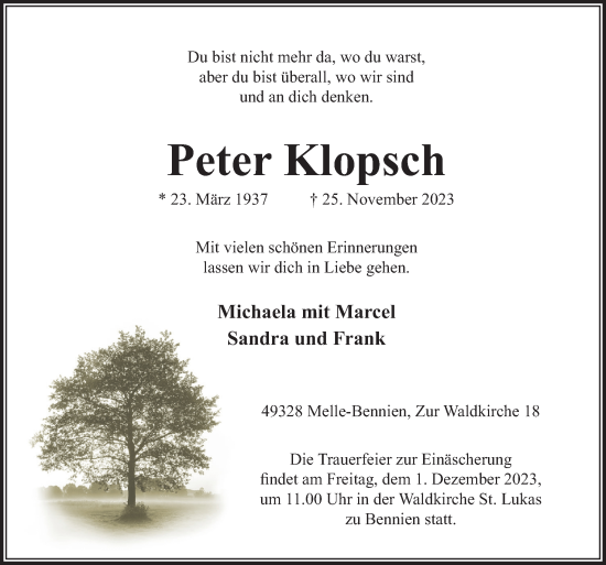 Traueranzeige von Peter Klopsch von Neue Osnabrücker Zeitung GmbH & Co. KG