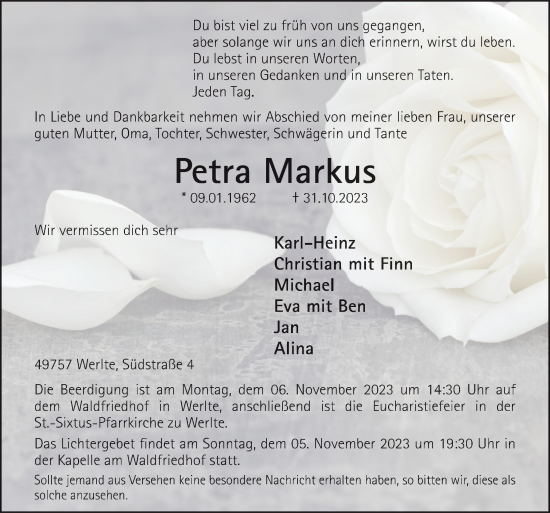 Traueranzeige von Petra Markus von Neue Osnabrücker Zeitung GmbH & Co. KG