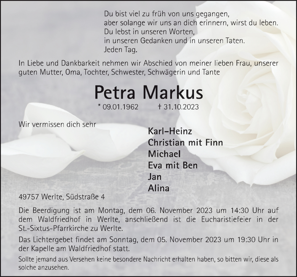  Traueranzeige für Petra Markus vom 04.11.2023 aus Neue Osnabrücker Zeitung GmbH & Co. KG
