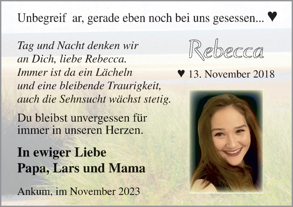  Traueranzeige für Rebecca Fleddermann vom 13.11.2023 aus Neue Osnabrücker Zeitung GmbH & Co. KG