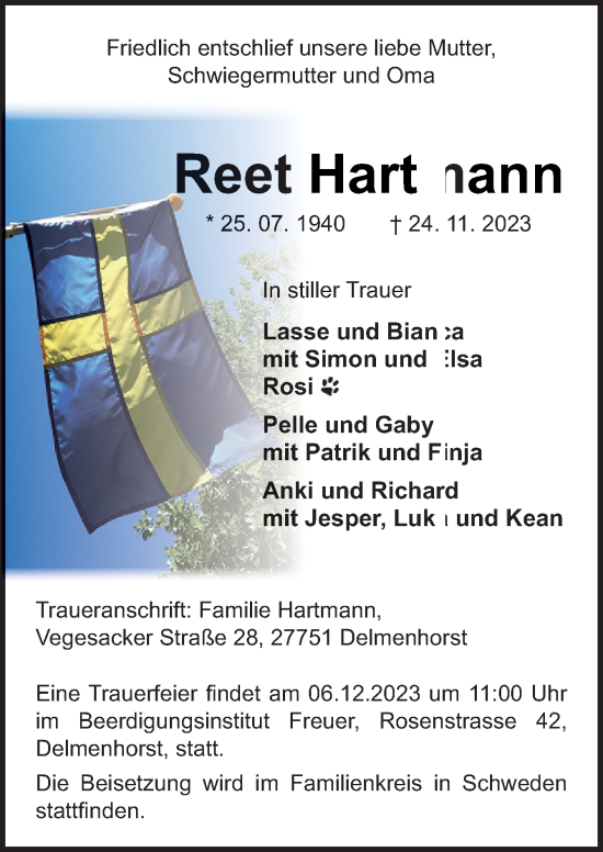 Traueranzeige von Reet Hartmann von DK Medien GmbH & Co. KG
