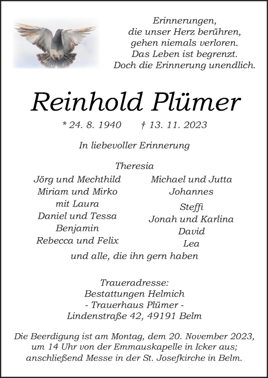 Traueranzeige von Reinhold Plümer von Neue Osnabrücker Zeitung GmbH & Co. KG