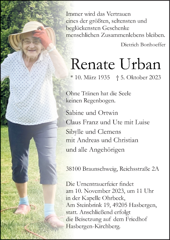 Traueranzeige von Renate Urban von Neue Osnabrücker Zeitung GmbH & Co. KG