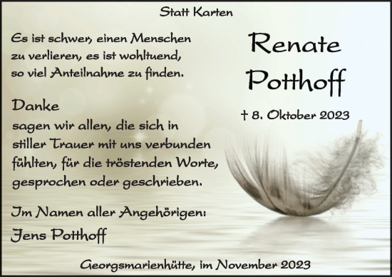 Traueranzeige von Rennate Potthoff von Neue Osnabrücker Zeitung GmbH & Co. KG