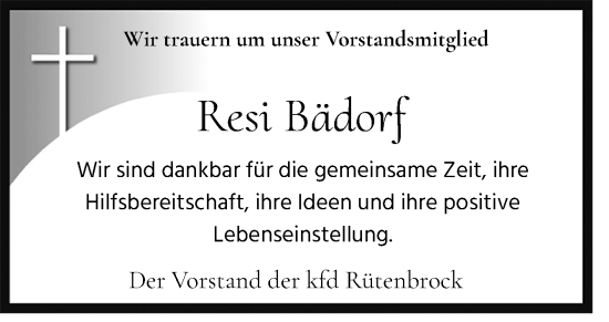 Traueranzeige von Resi Bädorf von Neue Osnabrücker Zeitung GmbH & Co. KG