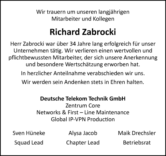 Traueranzeige von Richard Zabrocki von Neue Osnabrücker Zeitung GmbH & Co. KG