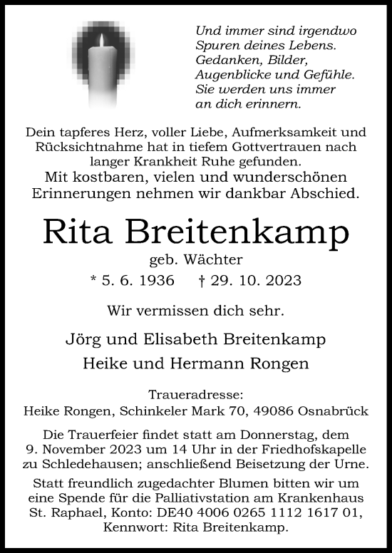 Traueranzeige von Rita Breitenkamp von Neue Osnabrücker Zeitung GmbH & Co. KG