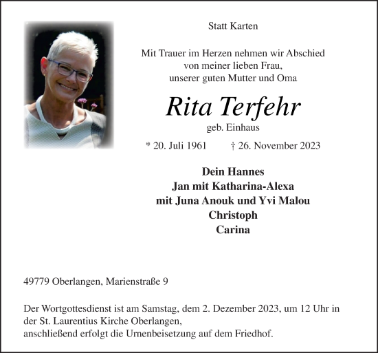 Traueranzeige von Rita Terfehr von Neue Osnabrücker Zeitung GmbH & Co. KG