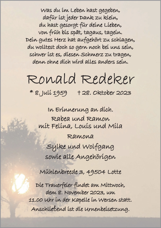 Traueranzeige von Ronald Redeker von Neue Osnabrücker Zeitung GmbH & Co. KG