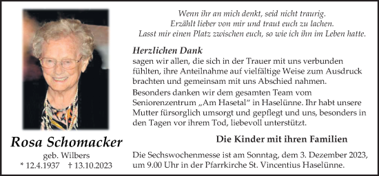 Traueranzeige von Rosa Schomacker von Neue Osnabrücker Zeitung GmbH & Co. KG