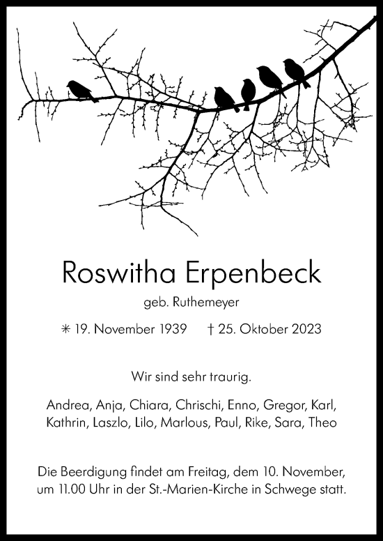 Traueranzeige von Roswitha Erpenbeck von Neue Osnabrücker Zeitung GmbH & Co. KG