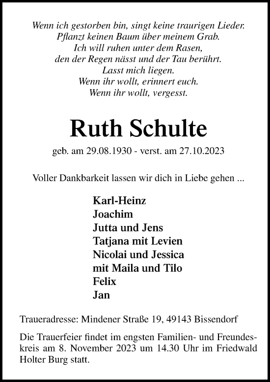 Traueranzeige von Ruth Schulte von Neue Osnabrücker Zeitung GmbH & Co. KG