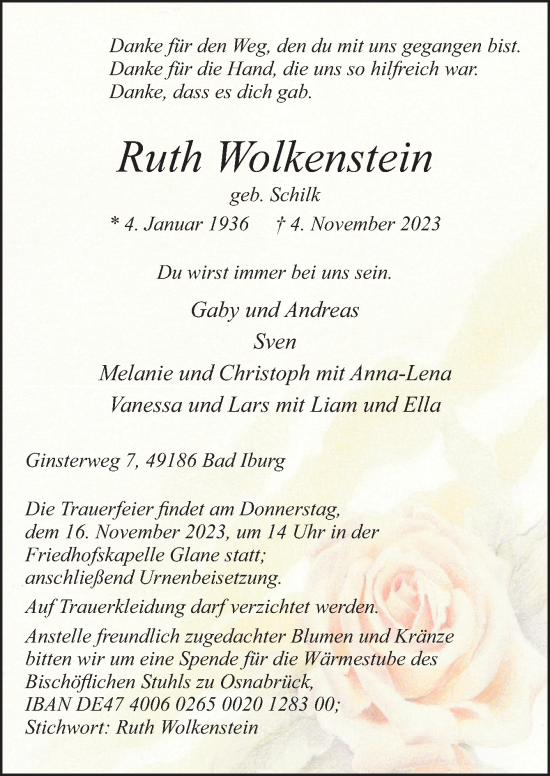 Traueranzeige von Ruth Wolkenstein von Neue Osnabrücker Zeitung GmbH & Co. KG