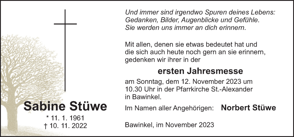  Traueranzeige für Sabine Stüwe vom 10.11.2023 aus Neue Osnabrücker Zeitung GmbH & Co. KG