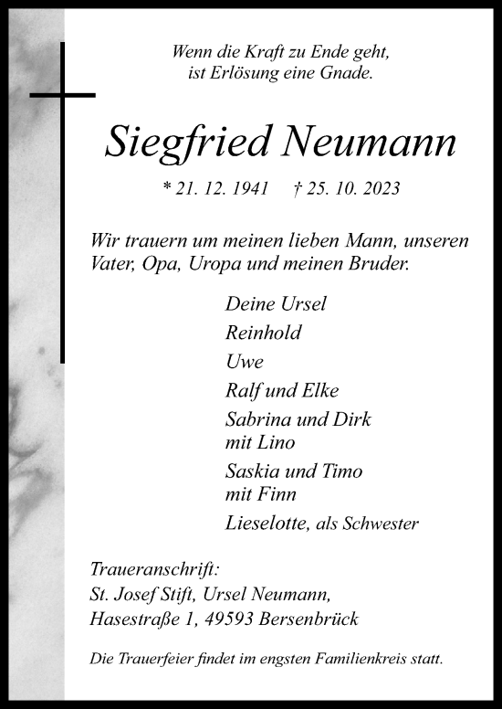 Traueranzeige von Siegfried Neumann von Neue Osnabrücker Zeitung GmbH & Co. KG