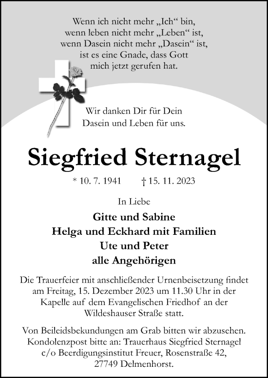 Traueranzeige von Siegfried Sternagel von DK Medien GmbH & Co. KG