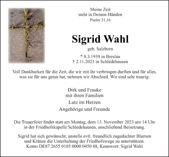 Traueranzeige von Sigrid Wahl von Neue Osnabrücker Zeitung GmbH & Co. KG