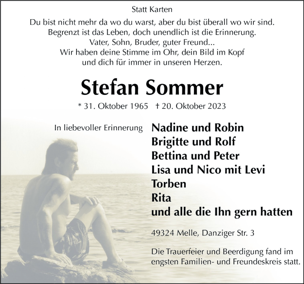  Traueranzeige für Stefan Sommer vom 04.11.2023 aus Neue Osnabrücker Zeitung GmbH & Co. KG