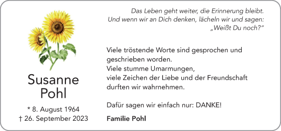 Traueranzeige von Susanne Pohl von Neue Osnabrücker Zeitung GmbH & Co. KG