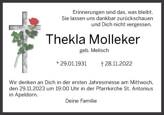 Traueranzeige von Thekla Molleker von Neue Osnabrücker Zeitung GmbH & Co. KG