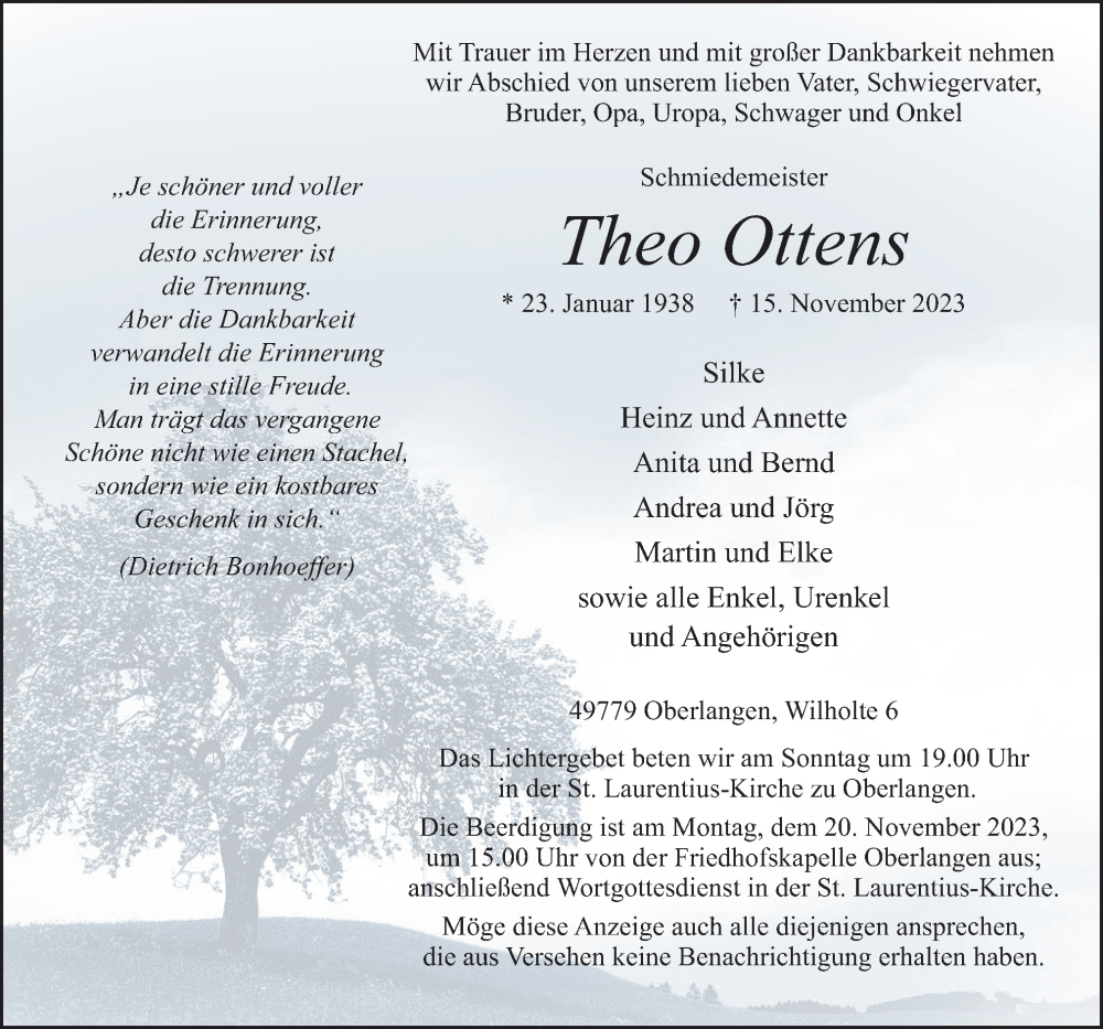 Traueranzeige für Theo Ottens vom 17.11.2023 aus Neue Osnabrücker Zeitung GmbH & Co. KG