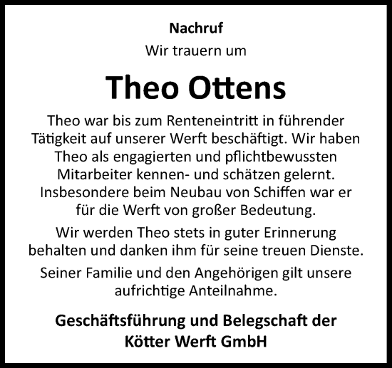 Traueranzeige von Theo Ottens von Neue Osnabrücker Zeitung GmbH & Co. KG