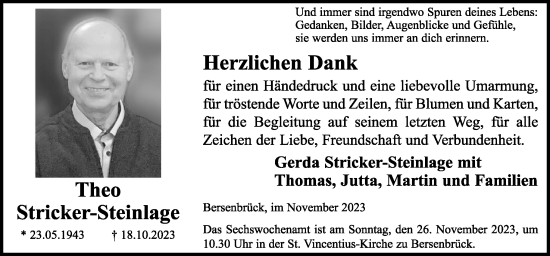 Traueranzeige von Theo Stricker-Steinlage von Neue Osnabrücker Zeitung GmbH & Co. KG