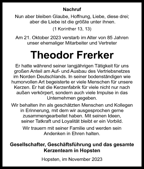 Traueranzeige von Theodor Frerker von Neue Osnabrücker Zeitung GmbH & Co. KG