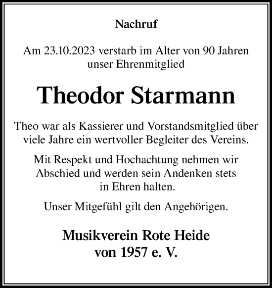 Traueranzeige von Theodor Starmann von Neue Osnabrücker Zeitung GmbH & Co. KG