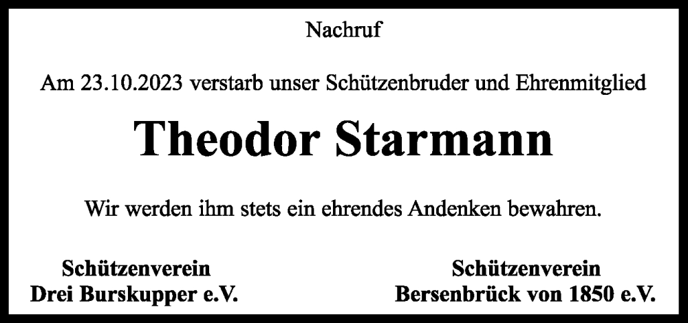  Traueranzeige für Theodor Starmann vom 16.11.2023 aus Neue Osnabrücker Zeitung GmbH & Co. KG