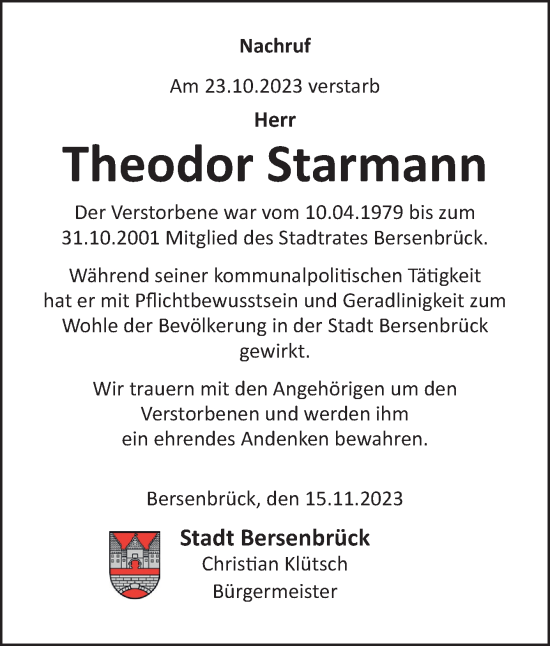 Traueranzeige von Theodor Starmann von Neue Osnabrücker Zeitung GmbH & Co. KG