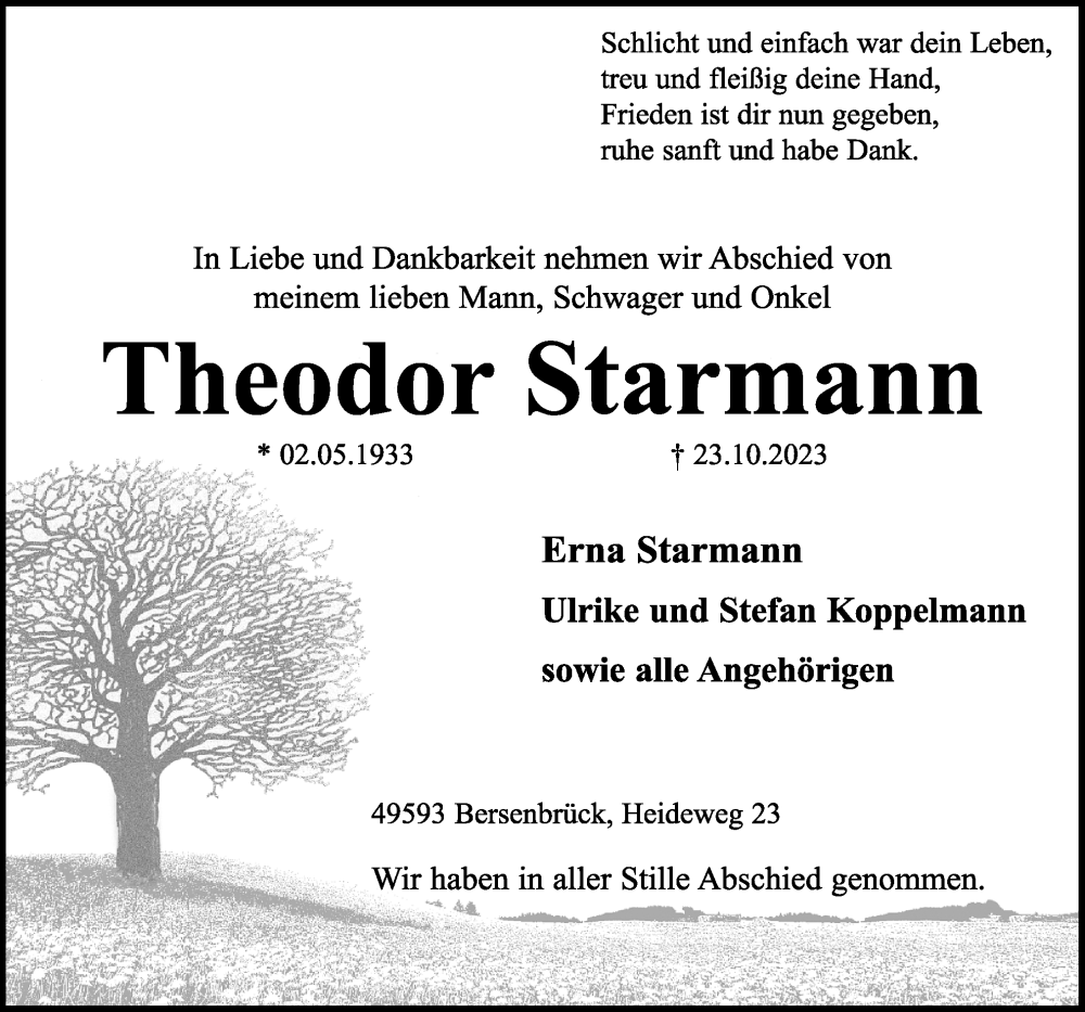  Traueranzeige für Theodor Starmann vom 14.11.2023 aus Neue Osnabrücker Zeitung GmbH & Co. KG