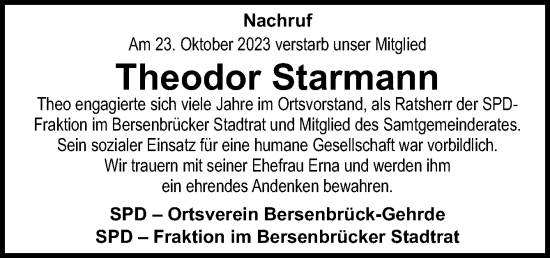 Traueranzeige von Theodor Starmann von Neue Osnabrücker Zeitung GmbH & Co. KG