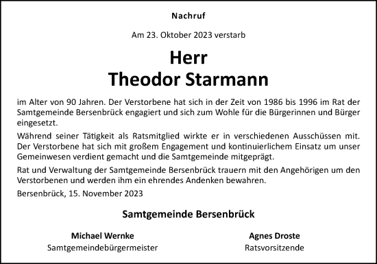 Traueranzeige von Theodor Starmann von Neue Osnabrücker Zeitung GmbH & Co. KG