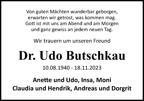 Traueranzeige von Udo Butschkau von Neue Osnabrücker Zeitung GmbH & Co. KG