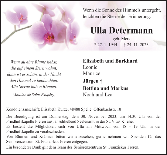 Traueranzeige von Ulla Determann von Neue Osnabrücker Zeitung GmbH & Co. KG