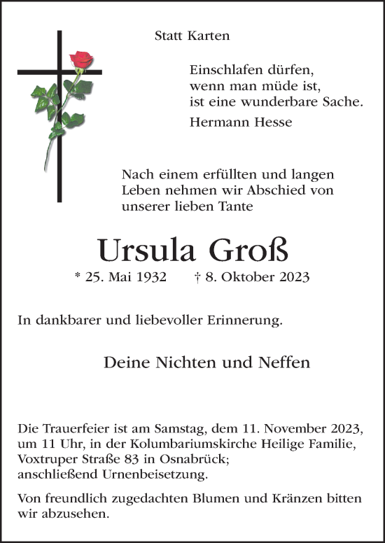 Traueranzeige von Ursula Groß von Neue Osnabrücker Zeitung GmbH & Co. KG