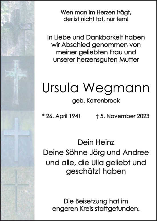 Traueranzeige von Ursula Wegmann von Neue Osnabrücker Zeitung GmbH & Co. KG