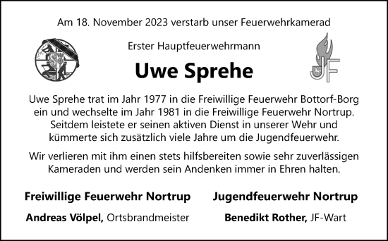 Traueranzeige von Uwe Sprehe von Neue Osnabrücker Zeitung GmbH & Co. KG